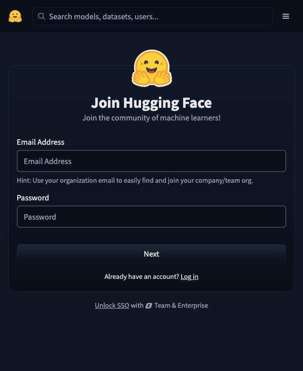 Hugging Face 注册页面截图