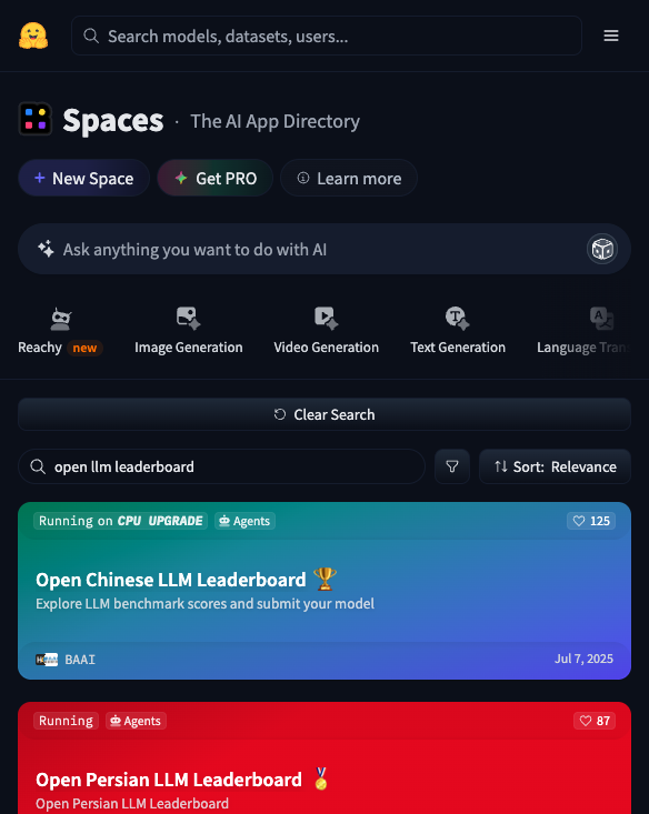 Hugging Face Open LLM Leaderboard 搜索结果页面截图
